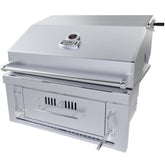 Sunstone® Series 30” Hybrid Gas/Charcoal/Wood Built-In Grill showcasing its sleek stainless steel design and versatile cooking options.